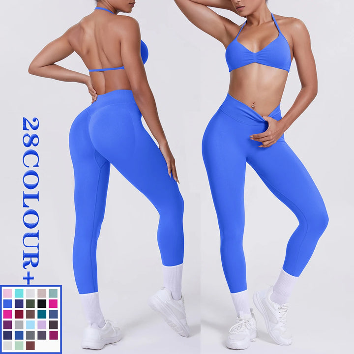 Women 2pcs Patchwork Sport Yoga Suit Training Sleeveless Sport Gym Tops Tummy Control Slimming Booty Leggings Yoga Suit Sports - ATFH