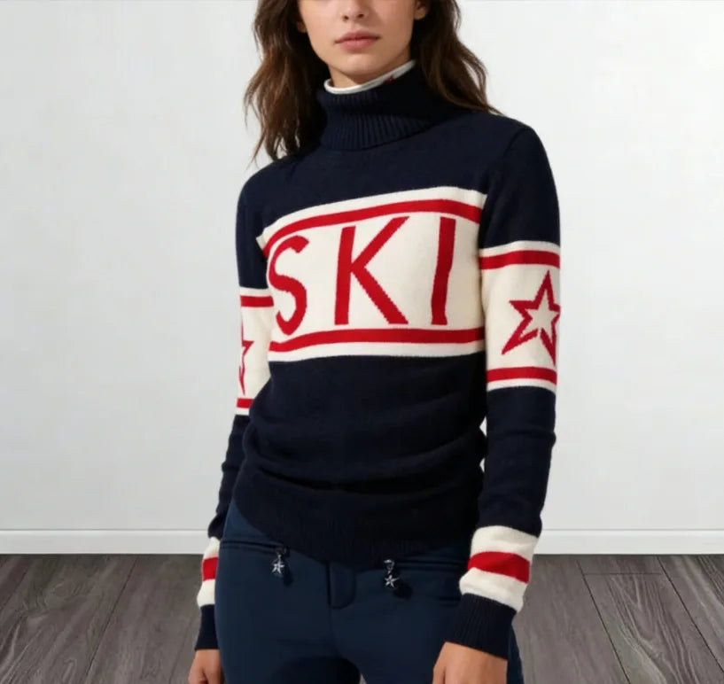 Top Sweater Women's High Neck Letter Print Color Block Slim Fit Knit Long Sleeve Pullover Comfortable Casual Fashionable Niche - ATFH