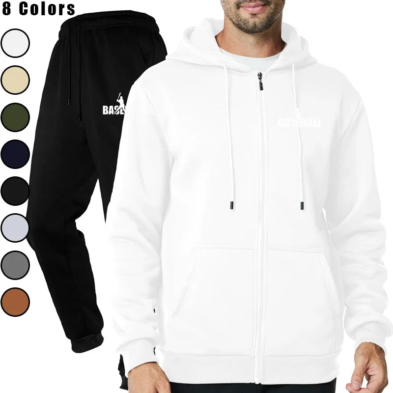 2025 Autumn and Winter New European and American Casual Zipper Sports Hat Set Fleece Solid Color Pants with Sweater for Men - ATFH
