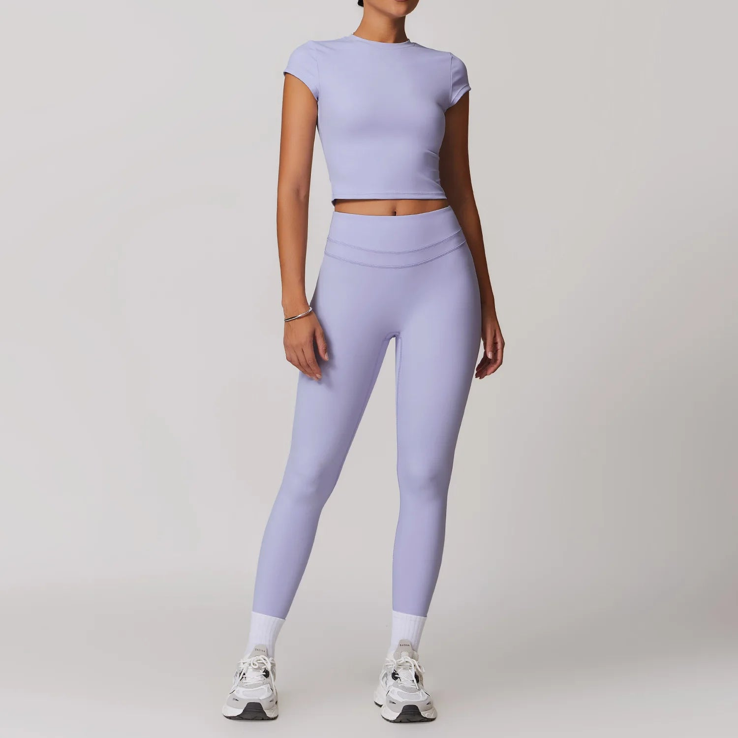 mikeyoga 2PCS Yoga Set Women Sportswear Workout Clothes Athletic Wear Gym Legging Fitness Bra Crop Top Short Sleeves Sports Suit - ATFH
