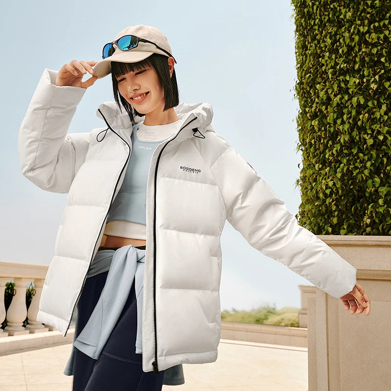 Bosideng Womens Raglan Sleeve Short Down Jacket With Knitted Cuffs Drawstring Hood And Fleece Pockets Winter Warm Fashion Coat