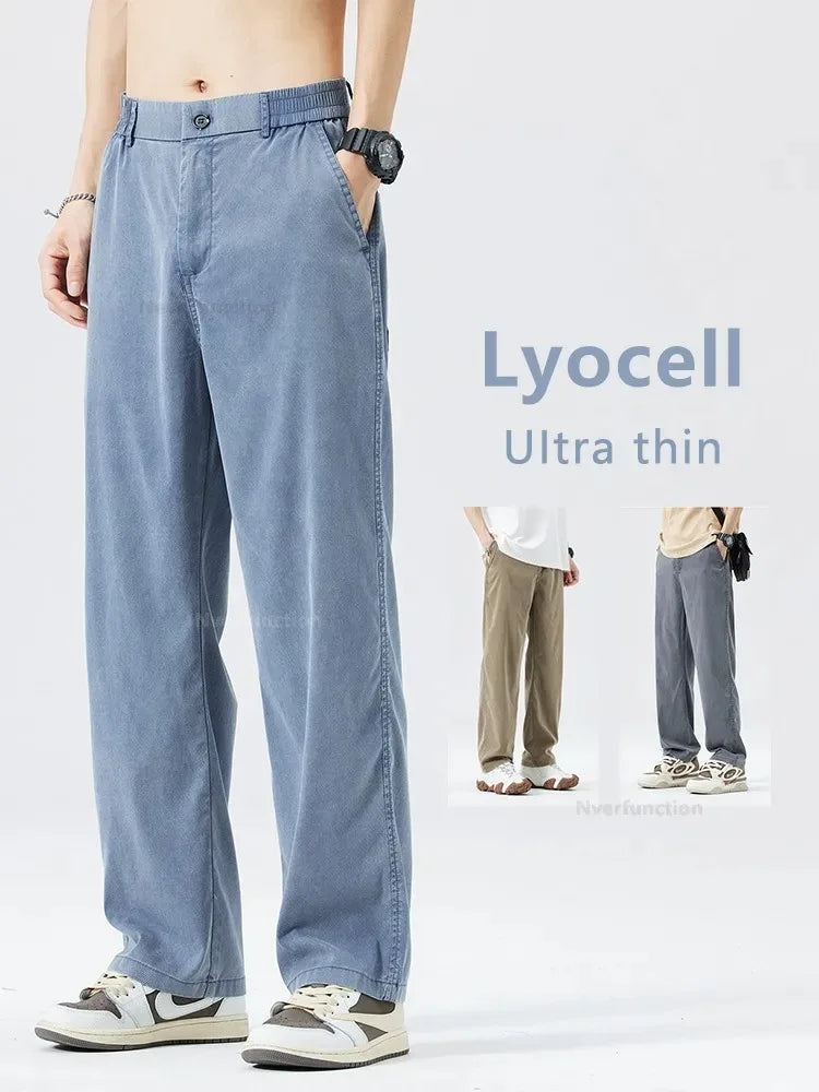 Ultra Thin Baggy Jeans Men's Summer New in Lyocell Soft Breathable Straight Trousers Elastic Waist Casual Blue Gray Wide Pants ATFH