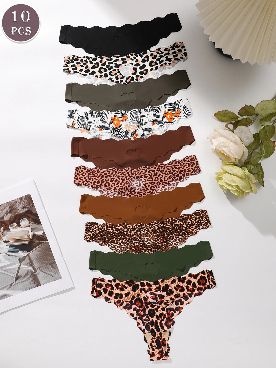 10PCS Cutout Heart Wavy Edge Thongs, Leopard & Floral Print Seamless No Show Underwear