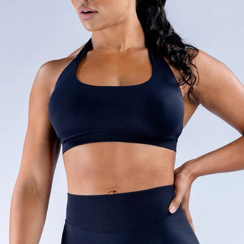 Impact Sports Bra Women Seamless Halter Neck Strap Yoga Bra With Padded Sexy Open Back Yoga Top Bra Medium Support Gym Crop Top - ATFH