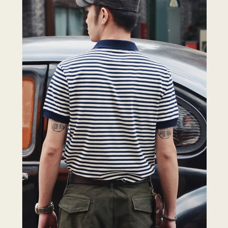 Summer Lapel T-shirt Amekaji Retro Breton Stripe Shirt Pure Cotton Short Sleeve Striped Men's Polo Shirt American Vintage Casual