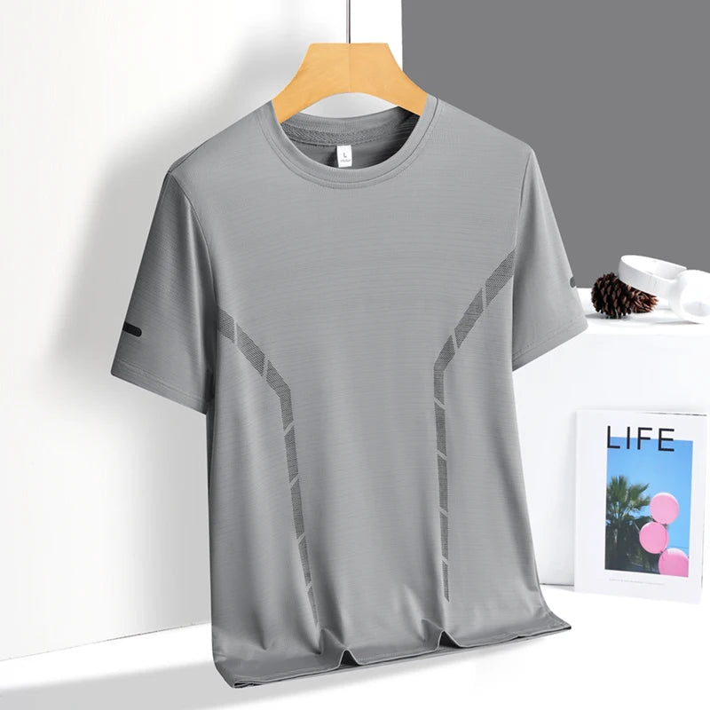 Running T-shirt Men Summer Ice Silk Thin Top Reflective Printing Quick Dry Short Sleeve Breathable Fitness Sports T-shirt 5XL ATFH