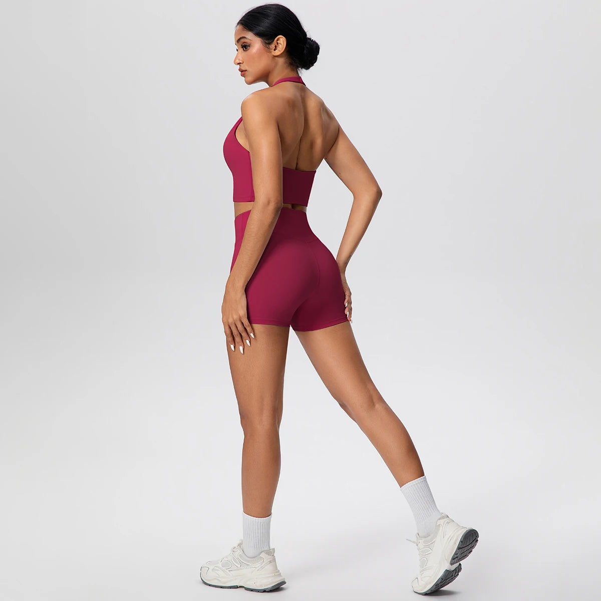 Woman Gym Yoga Set High Waisted Lifting Buttocks Sports Yoga Shorts Breathable Sexy Beautiful Back Halter Bra Chest Pad Yoga Set - ATFH