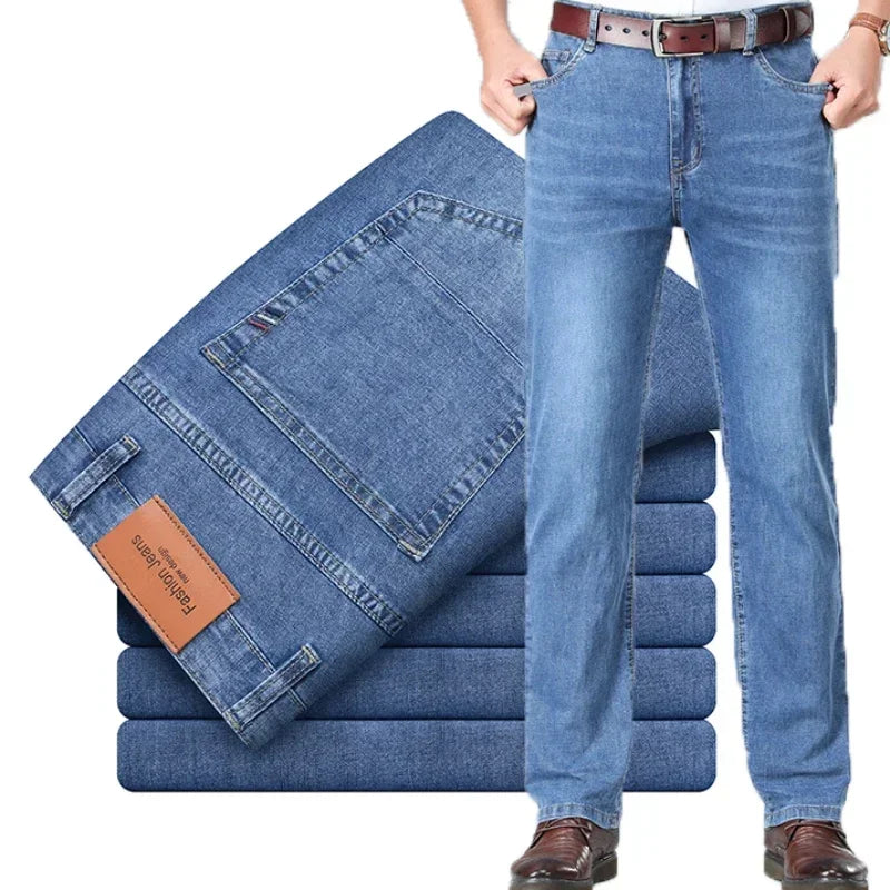 2024 Brand Thin or Thick Material Men's Elastic Cotton Jeans Fashion Gray Comfortable Denim Business Casual High Waist Pants ATFH