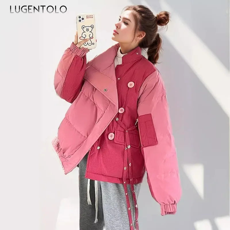 Women Y2k Parkas 2025 Contrast Color Thick Warm Down Cotton Bread Jacket Fashion Single Breasted Versatile Christmas Party Wear