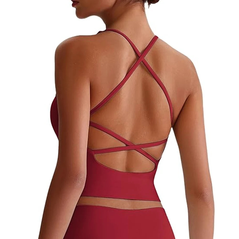 Womens Longline Sports Bras V Neck Criss Cross Back Gym Yoga Padded Workout Crop Tank Top with Built in Bra - ATFH