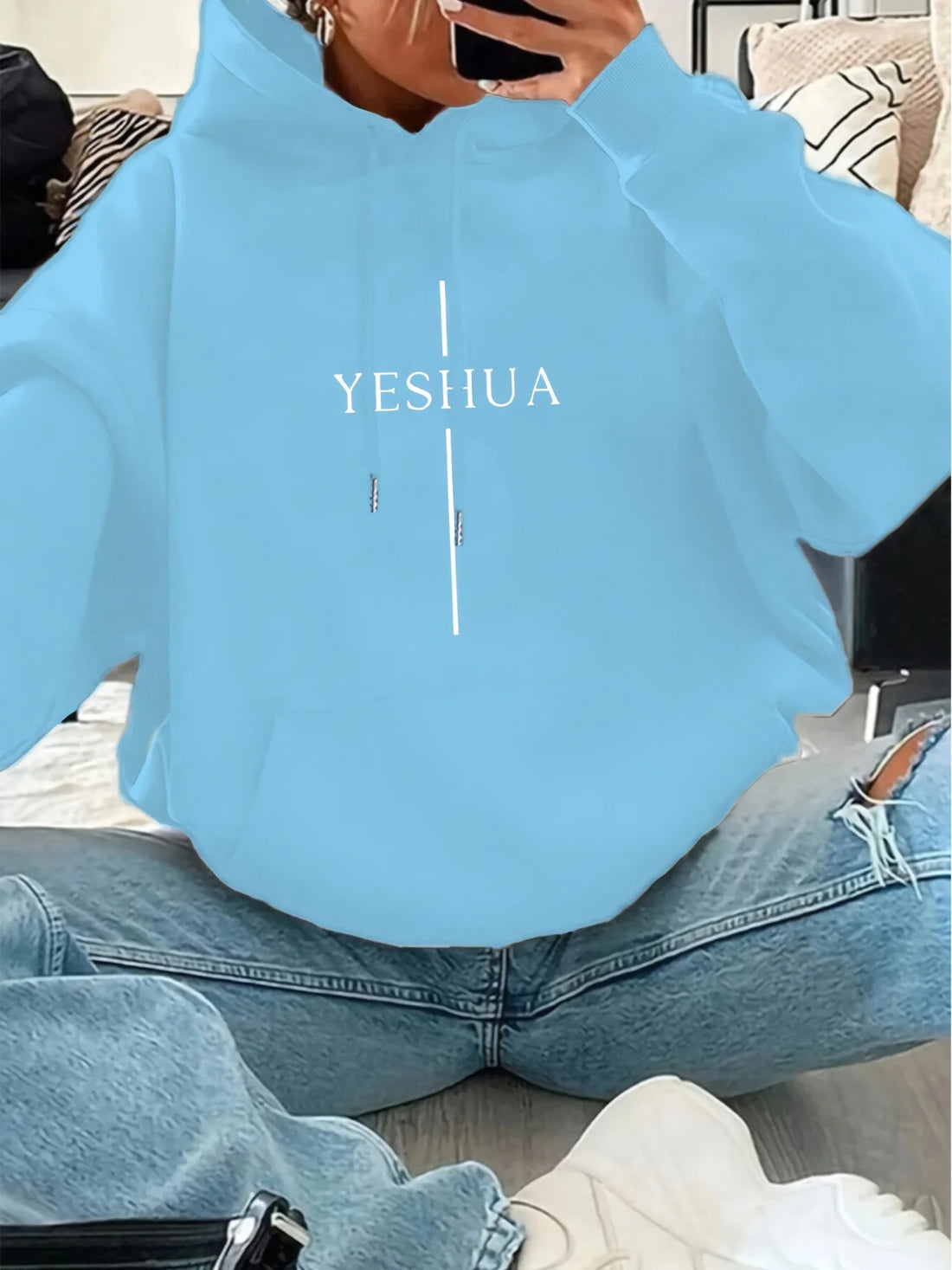 Women YESHUA Letter Print Hoodie Loose Casual Long Sleeve Hooded Sweatshirt Ladies Fashion Pullover Streetwear Tops