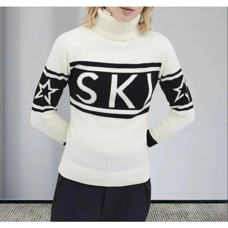 Top Sweater Women's High Neck Letter Print Color Block Slim Fit Knit Long Sleeve Pullover Comfortable Casual Fashionable Niche - ATFH