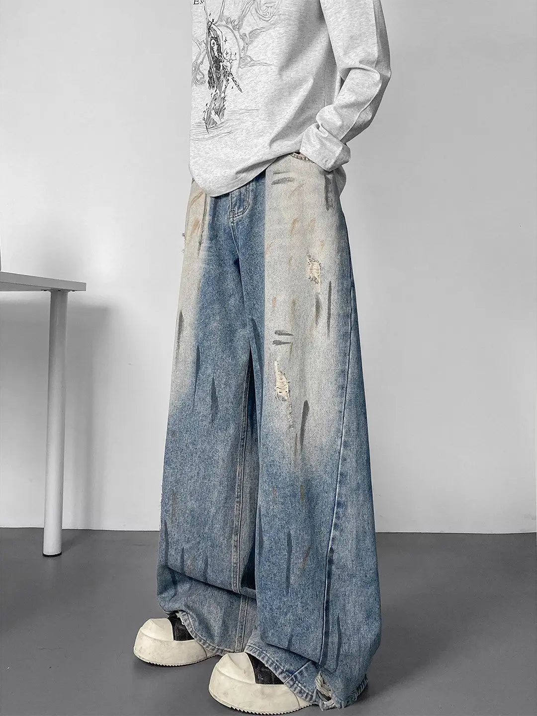 Men's Splashing Ink Graffiti Ripped Jeans Wide Leg Pants Summer Bottom Young Boy Casual Sweatpants Male High Waist Trousers ATFH