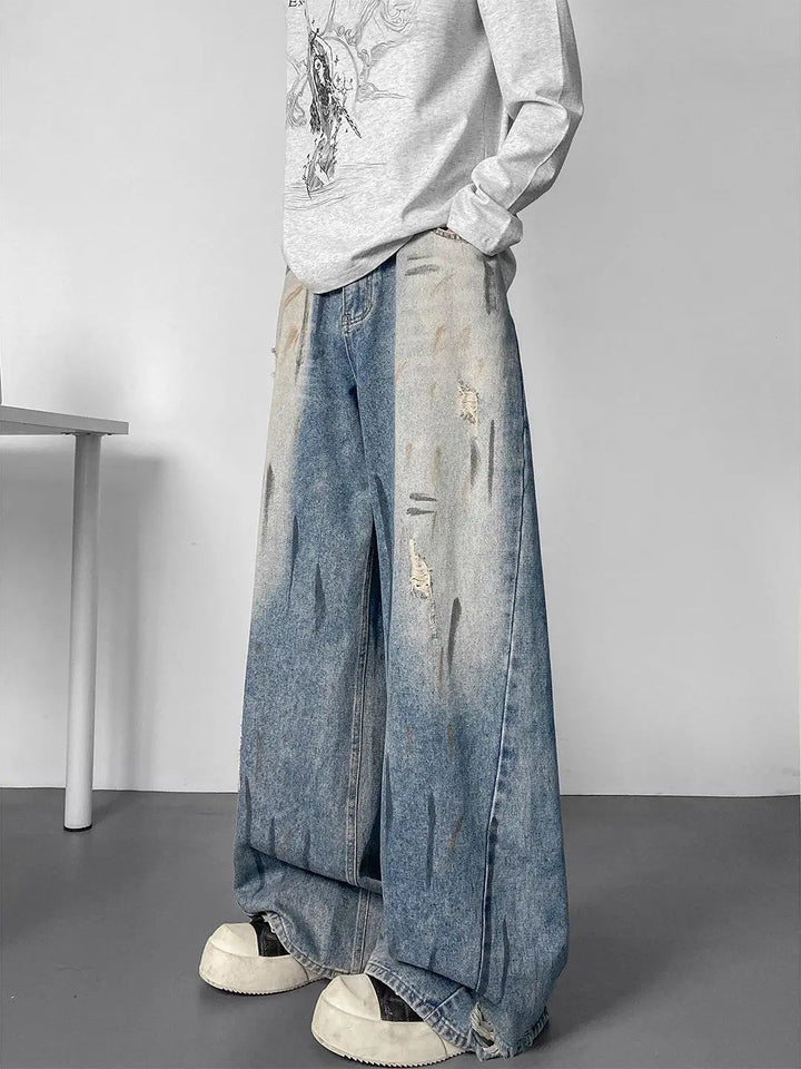 Men's Splashing Ink Graffiti Ripped Jeans Wide Leg Pants Summer Bottom Young Boy Casual Sweatpants Male High Waist Trousers ATFH