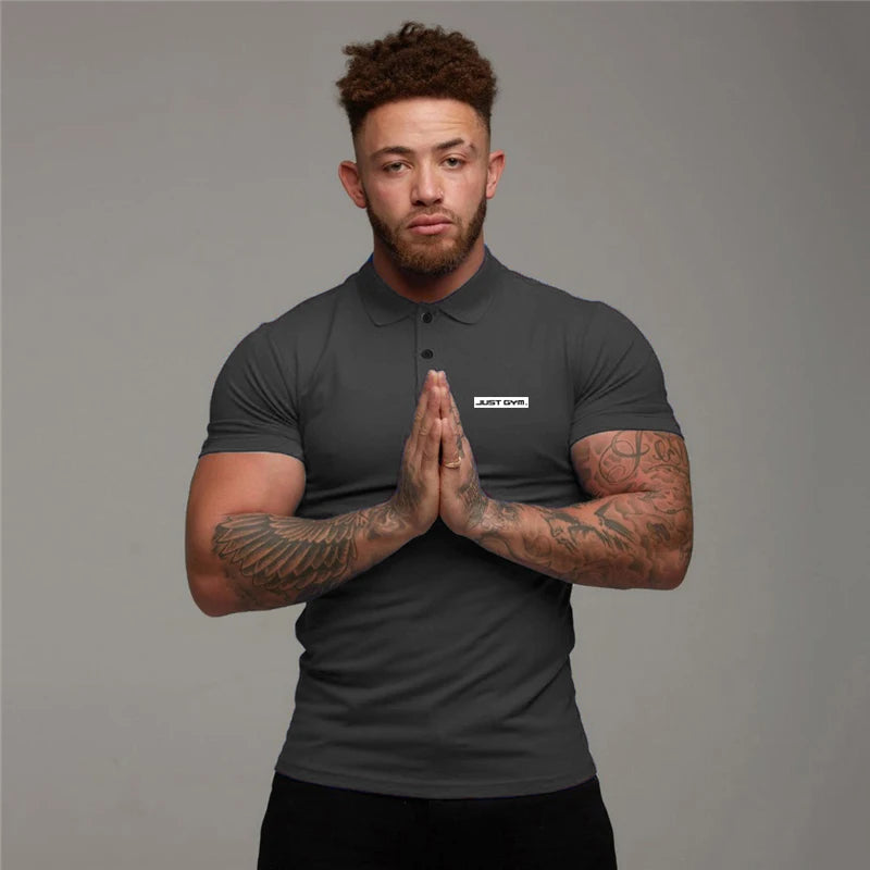 Fashion Lapel Tight Polo Shirts Cotton Breathable Short Sleeves T-Shirts Gym Workout Muscle Tops Mens Bodybuilding Fitness Polos