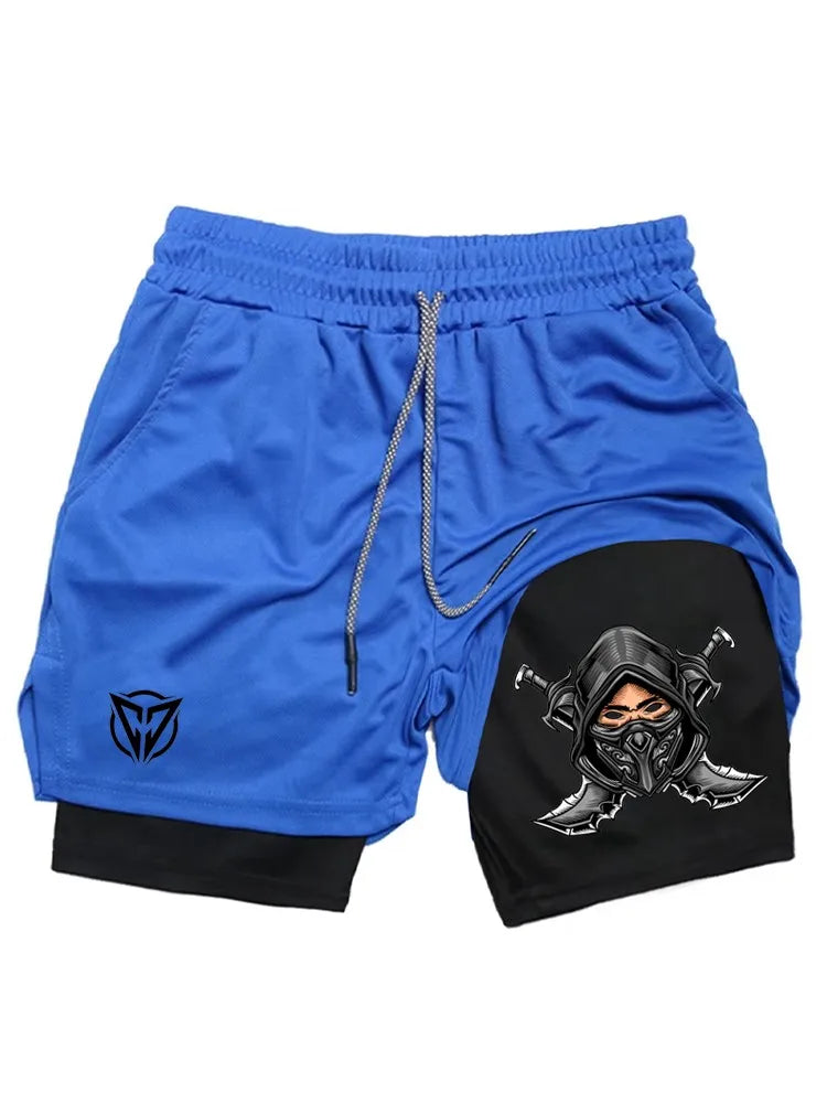Men's Ninja Graphic 2-in-1 Shorts, Quick Dry Breathable Gym Athletic Workout Streetwear Casual Sports Shorts WX016