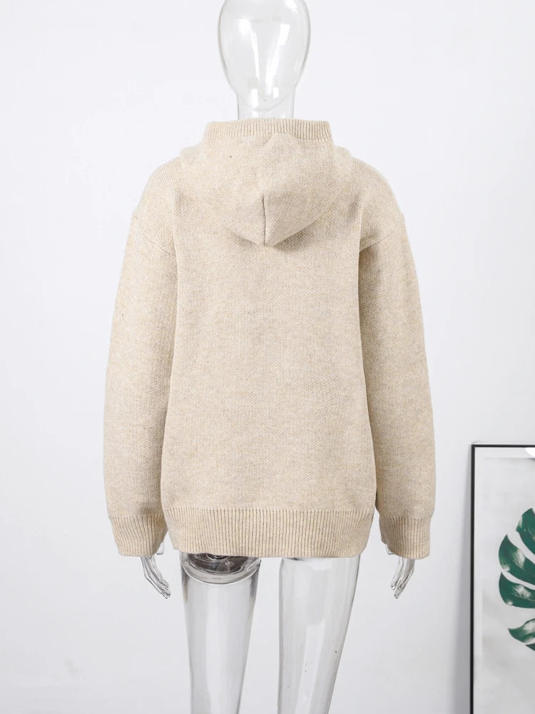 Knit Hooded Pullovers Women's Loose Solid Full Sleeve Pockets Sweaters 2025 Autumn Winter New Lady All-match Tops Streetwear - ATFH