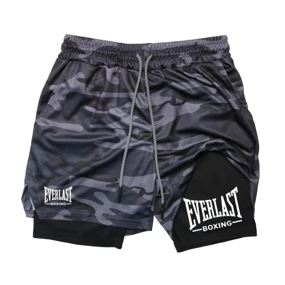 Men's fashionable double-layer sports shorts EVERLAST printed shorts, quick drying basketball muscle fitness
