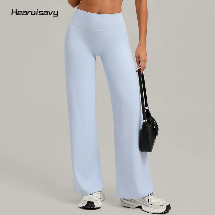 Hearuisavy Women Straight-Leg Sports Pants Gym Clothing Naked Feeling Compression Wide Leg Yoga Leggings Pilates Fitness Tights - ATFH
