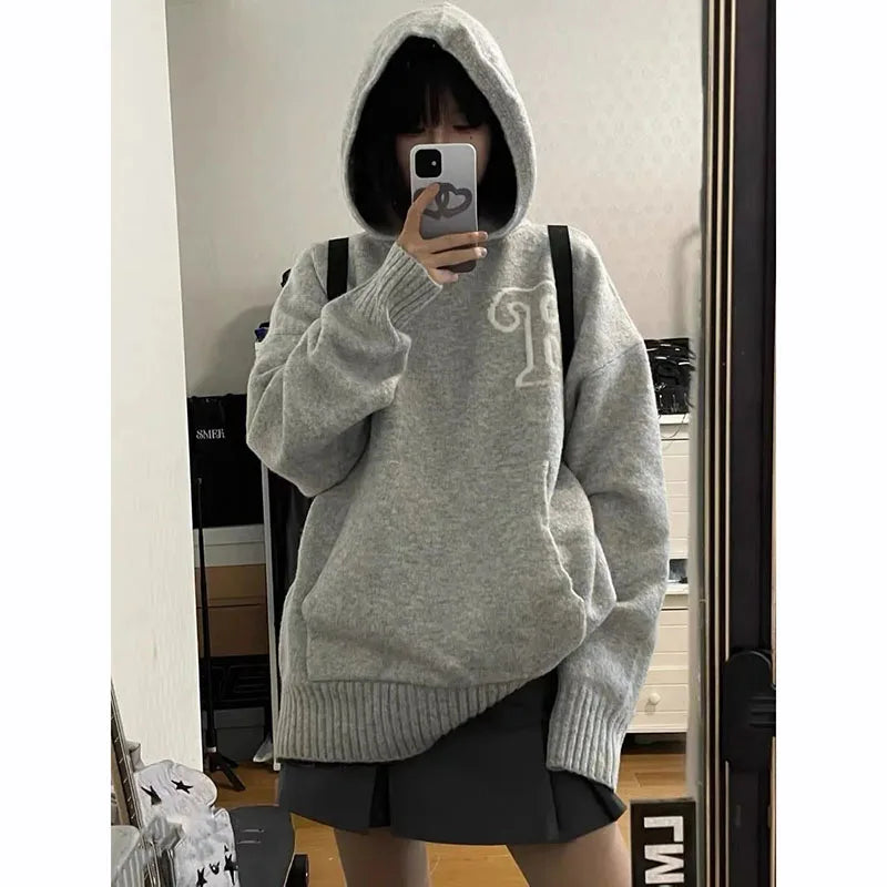 Gray Letter Graphic Hoodie Sweater Women Y2K Autumn Loose Korean Warm Knit Sweatshirt Bf Streetwear Oversize All Match Pullover - ATFH