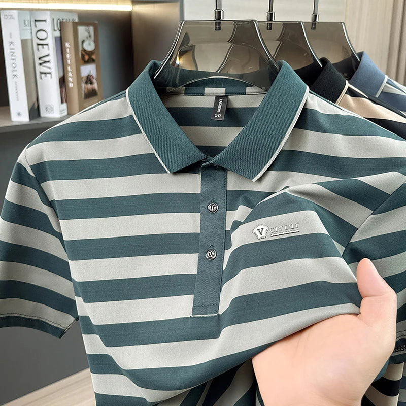 Fashion luxury brand men short sleeve polo shirt high-end summer lightweight breathable casual new striped color blocked T-shirt