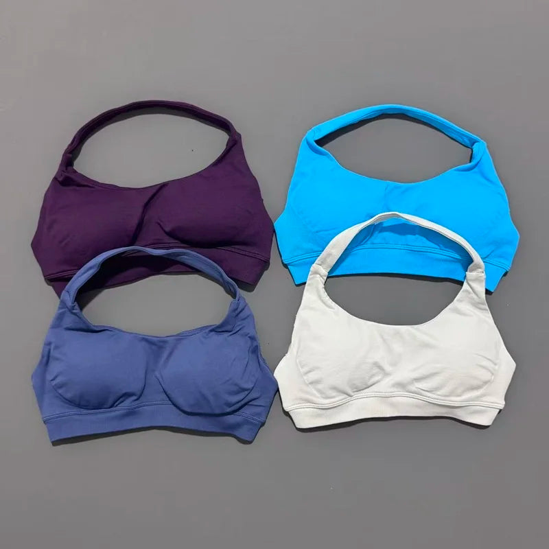 Histello Sports Bra Women Seamless Halter Clothes Neck Strap Padded Yoga Top Gym Backless Bra Running Sportswear Workout Tops - ATFH