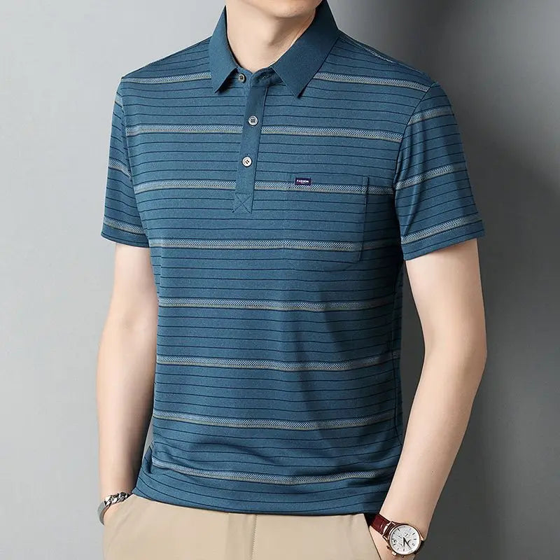 Men Striped Short Sleeve Polo Shirt Slim Fit Casual Business T Shirt With Small Label Decor