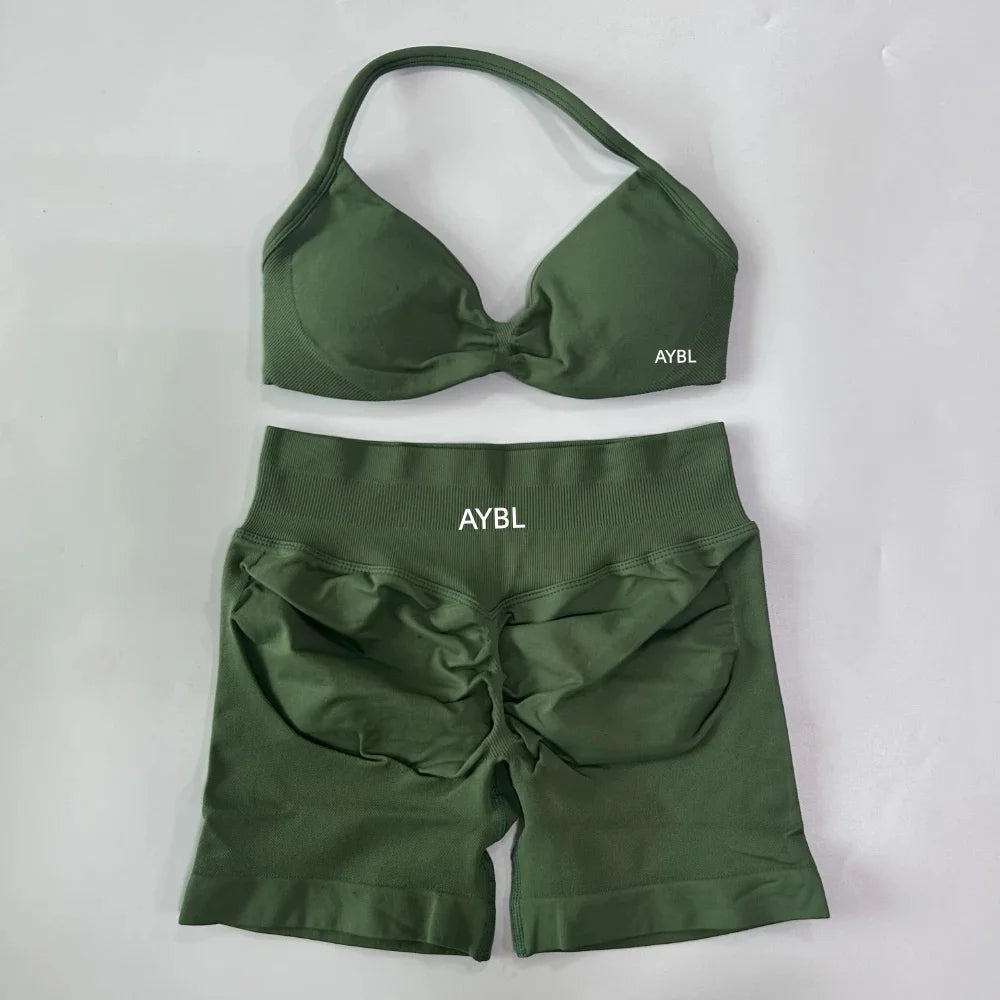 Trendy 2PCS Gym Set Women Strappy Yoga Bra Top High Waist Workout Scrunch Shorts Sports Suit Seamless Yoga Set Fitness Clothes Tahsi Fashion House