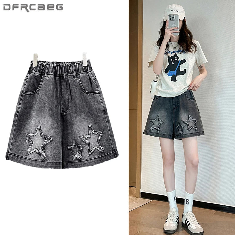L-6XL Plus Size Denim Shorts For Women Summer 2025 High Waist Black Loose Wide Leg Short Jeans Women Star Large Size Short Jeans ATFH