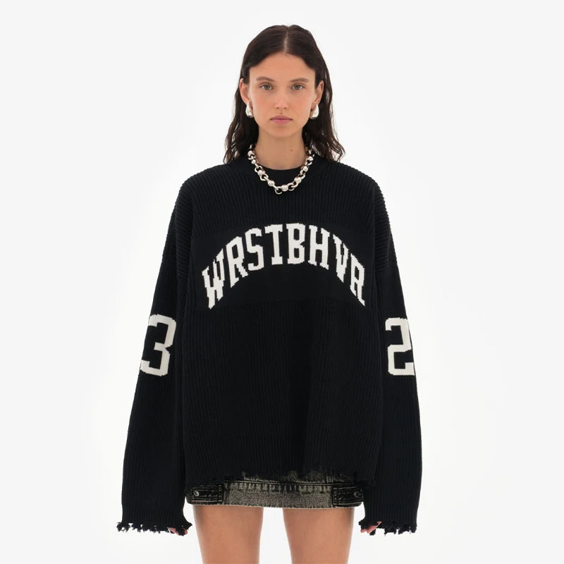 Fashion Solid Letter Print Pullover Women O-neck Long Sleeve Knitted Oversized Sweater Female Autumn Chic Casual Loose Knitwear - ATFH