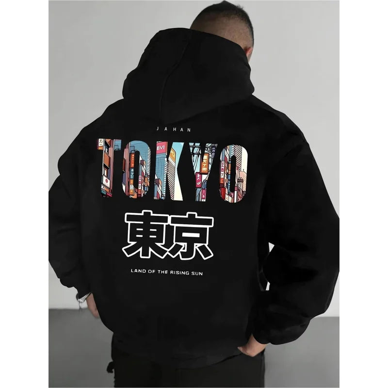 Men's casual printed hoodie regular fit, Japanese Tokyo minimalistic print fashion long-sleeve fleece pullover