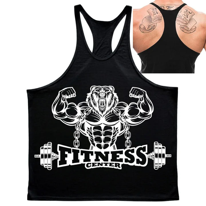 Men's black ATFH fitness bear graphic stringer tank top with racerback design