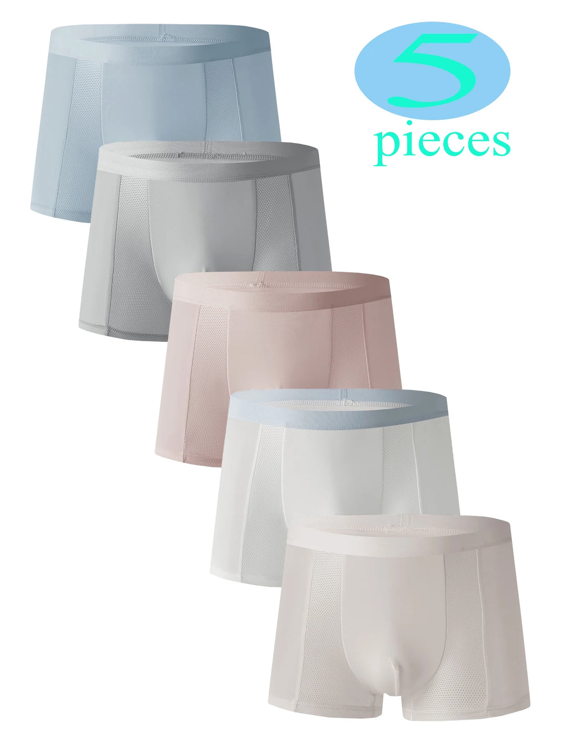5PCS Breathable Mesh Men's Underwear, Comfortable and Simple Mid-Waist Straight-Leg Pants, Summer Refreshing Style