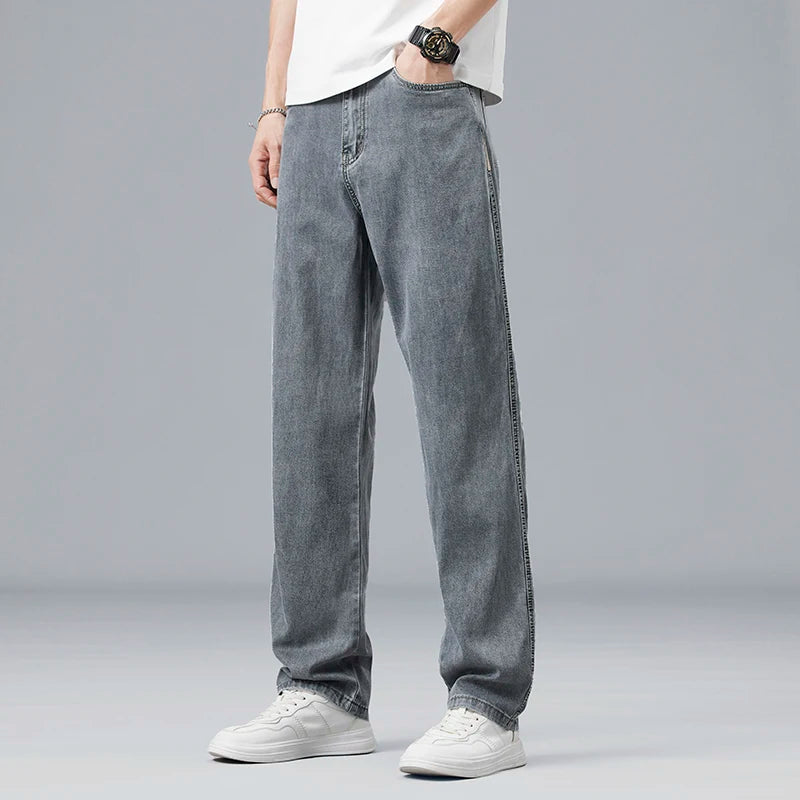 Summer Ultra-thin Lyocell Men's Jeans Drape Soft Fabric Loose Straight Casual Denim Pants Elastic Ice Silk Male Trousers ATFH
