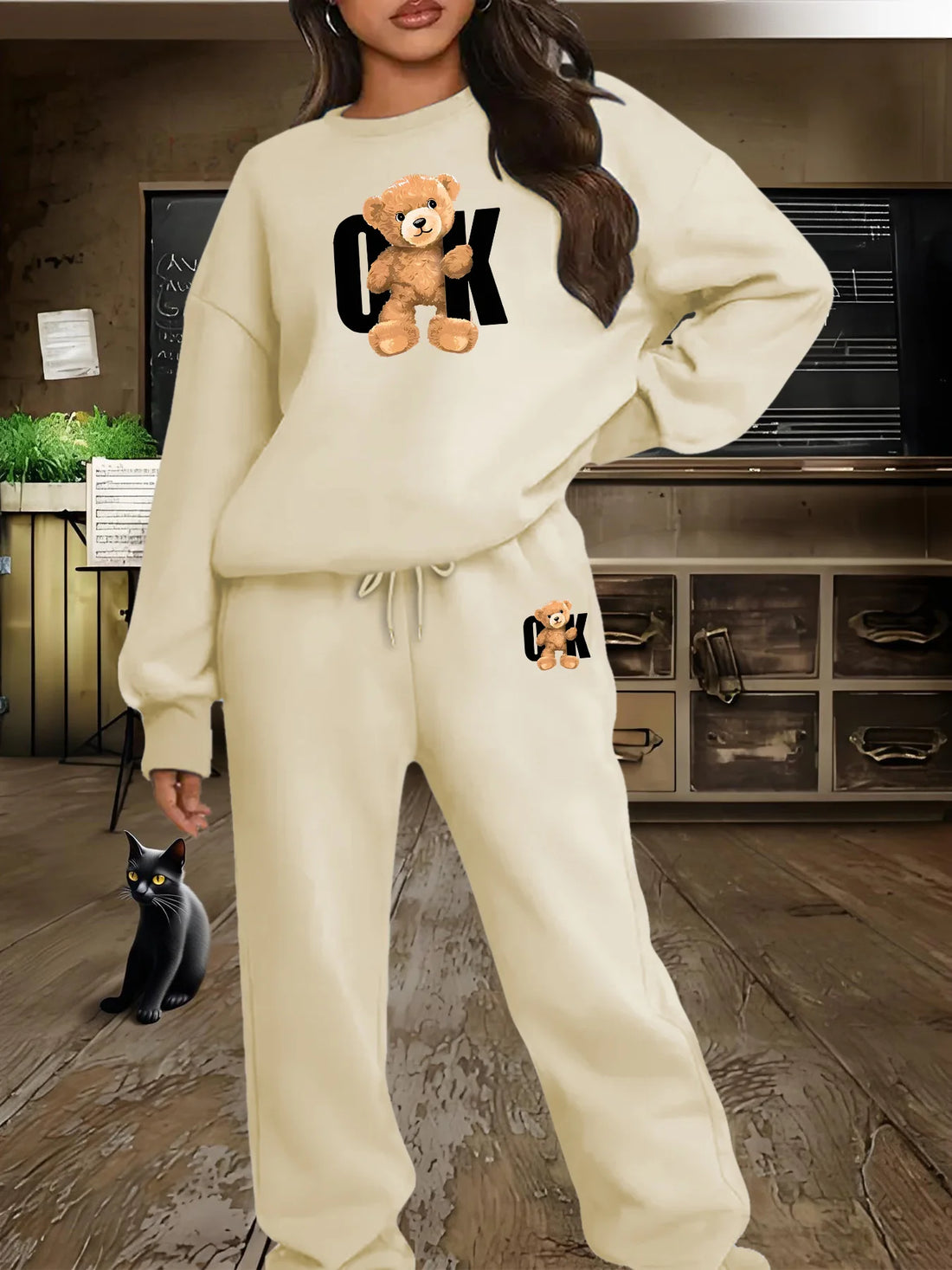 Women's autumn and winter hip-hop casual street fashion printed round neck sweatshirt+sweatpants warm suit
