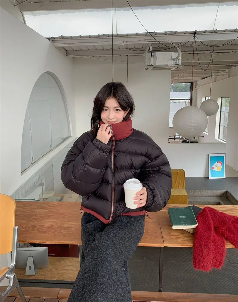 Wearing Down Cotton Jacket onBoth sSides, Women's Short Style Stand up Collar Cotton Jacket for Small People,  Contrasting Color ATFH