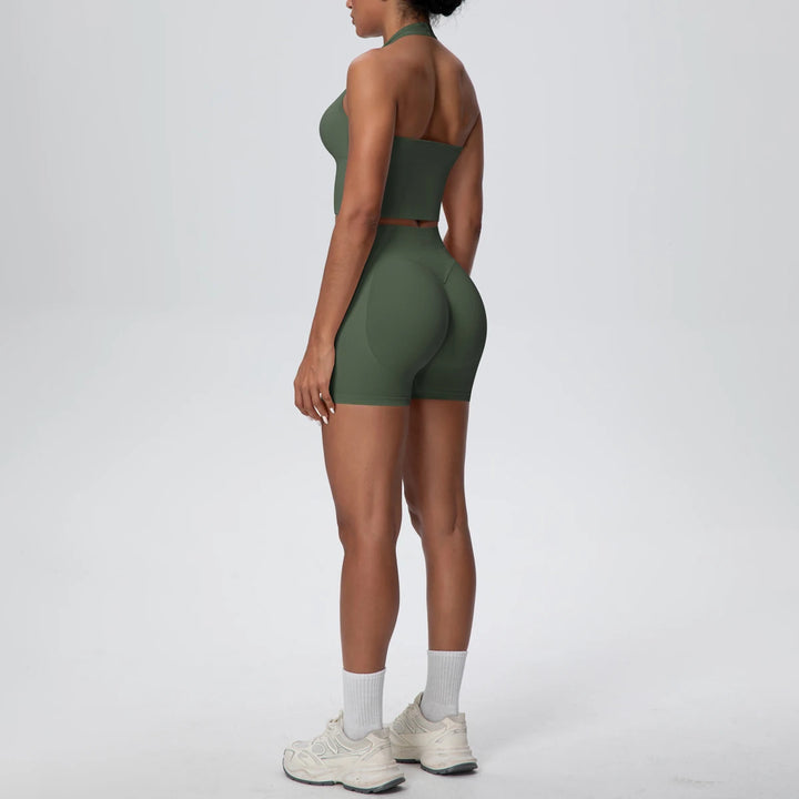 2pcs Summer Breathable Yoga Set Backless Sportswear Solid Color Sexy Neck Strap Bra Quick-Dry High Waist Shorts Yoga Set - ATFH