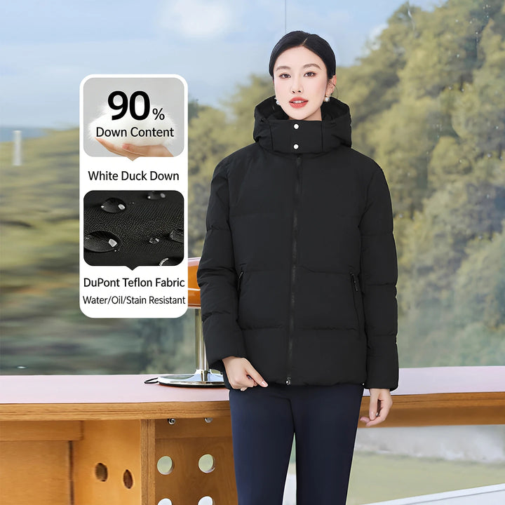 Women's Hooded Jacket with White Duck Down Liner, Three-Proof Fabric Windbreaker