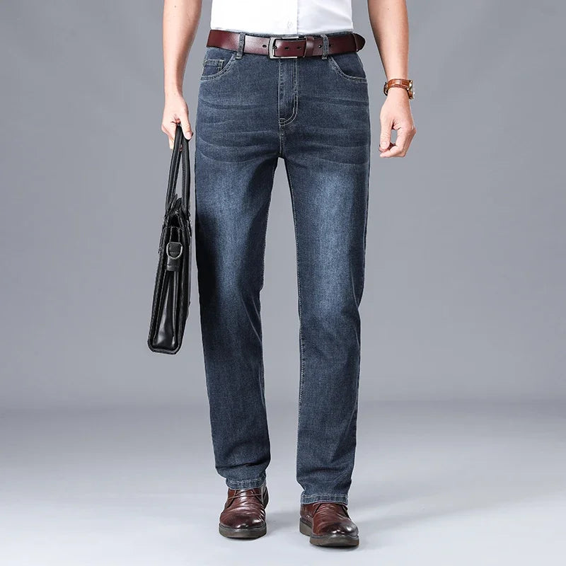 2026 Summer Thin Men's Cotton Jeans New Fashion Gray Elastic Straight Business Casual Pants Comfortable Brand Trousers ATFH