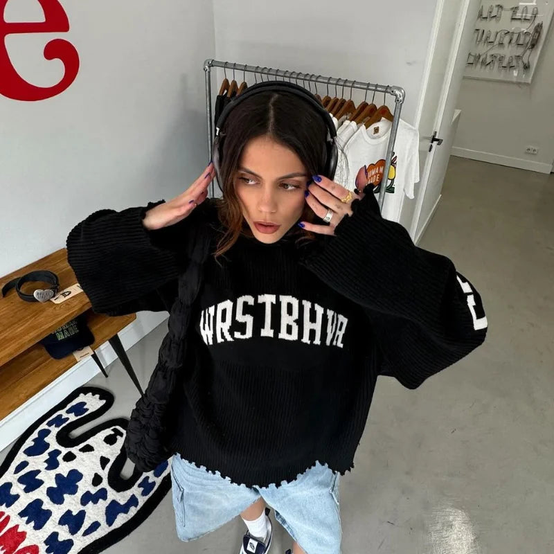 Women's Letter Printing Knit Sweater Fashion O-neck Distressed Hem Oversized Pullover Lady 2025 Autumn Casual Streetwear Tops - ATFH