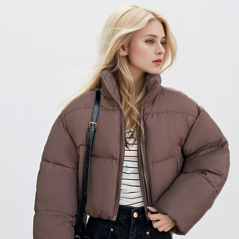 2024 Women's Winter Puffer Jacket Stand-up Collar Cropped Quilted Jacket Splashproof Water Repellent Windproof Down Cotton Coat