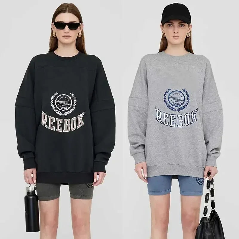 embroidery color blocked women Sweatshirt long sleeve round neck over-sized sweatshirt female autumn winter - ATFH