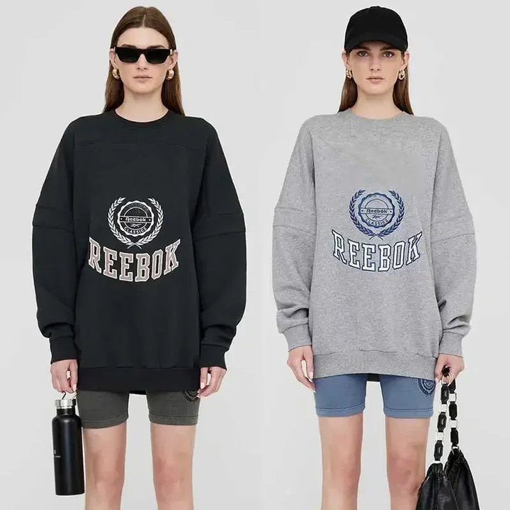 embroidery color blocked women Sweatshirt long sleeve round neck over-sized sweatshirt female autumn winter - ATFH