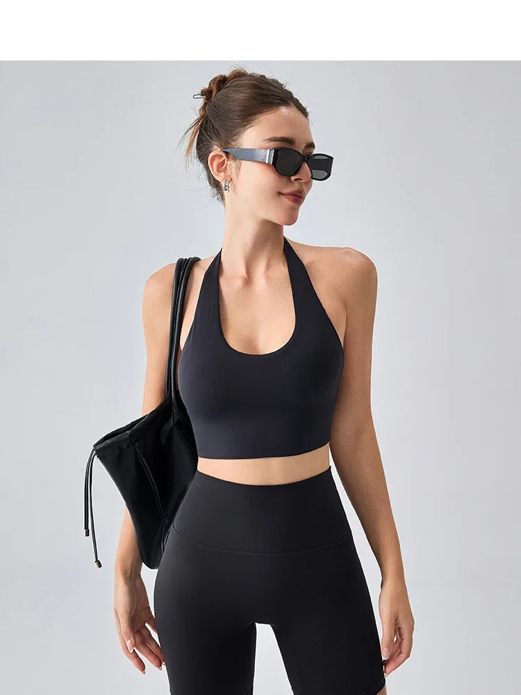 Women's Sexy Backless Padded Sports Bra Fixed chest pad Halter Neck Comfort Bare Navel Top Running Fitness Outdoor Sports Vest - ATFH