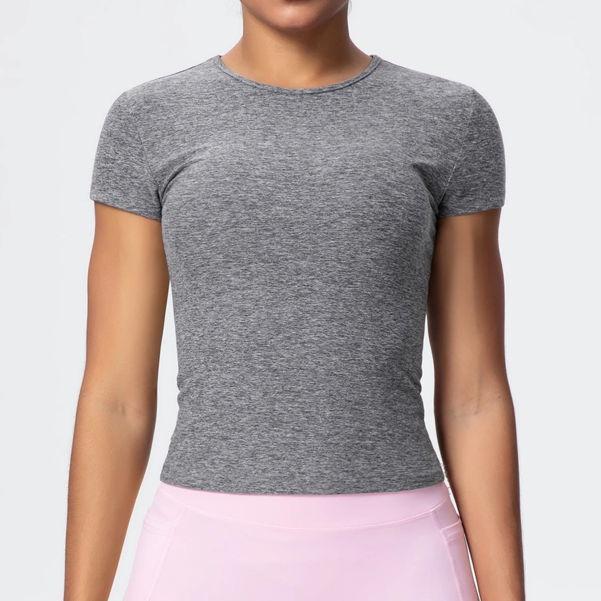 Woman Solid Color Workout Top T-Shirt Quick Drying Breathable Short Sleeve Gym Sports Running Slim Casual Yoga Top Clothing - ATFH