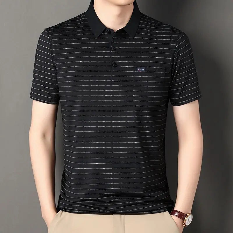 Men's Short-sleeved Lapel Striped T-shirt Real Pocket Polo Shirt Middle-aged and Elderly Loose Casual Thin Top Men
