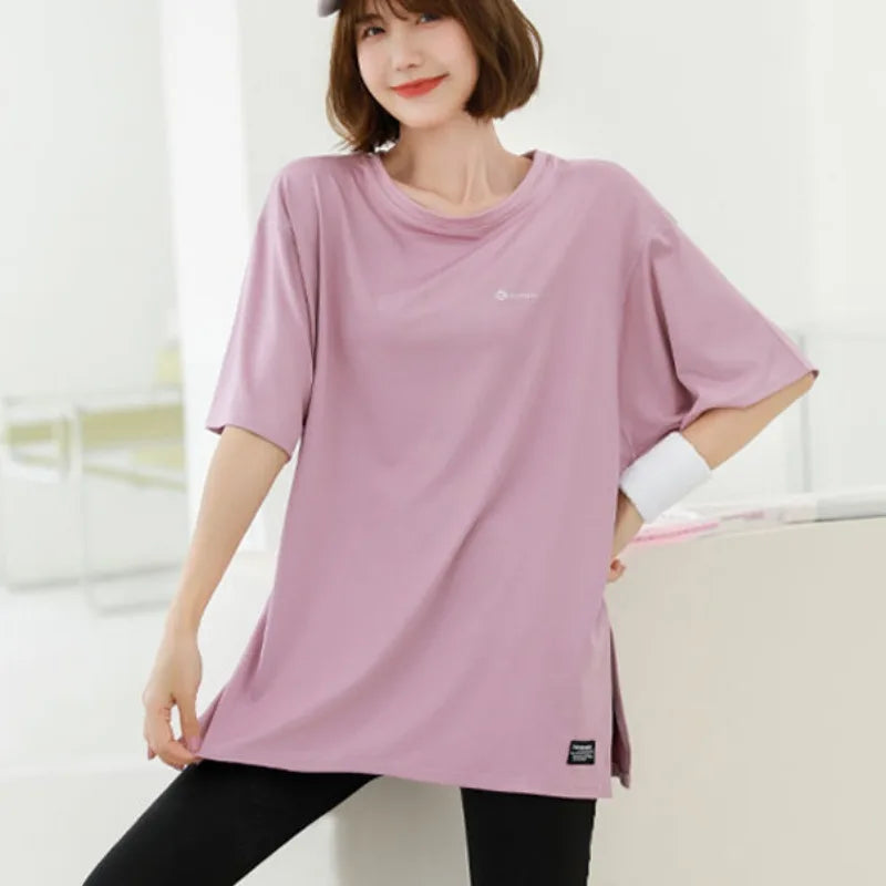Loose T-shirts for Women Running Clothing Solid O-neck Summer Quick Drying Short Sleeve Korean Style Young Girls Students Soft - ATFH