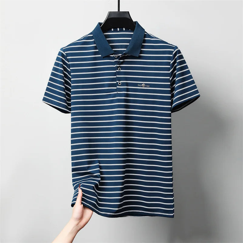 Luxury exquisite letter embosse short sleeve polo shirt new trend brand striped men's T-shirt premium silk cotton comfort top
