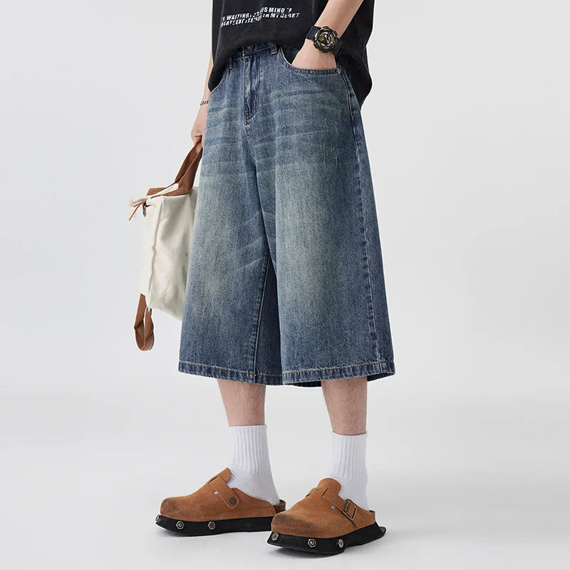 Men's Non-Elastic Denim Seven-Five Shorts Loose Wide Leg Fit Versatile Simple Style Casual Shorts ATFH