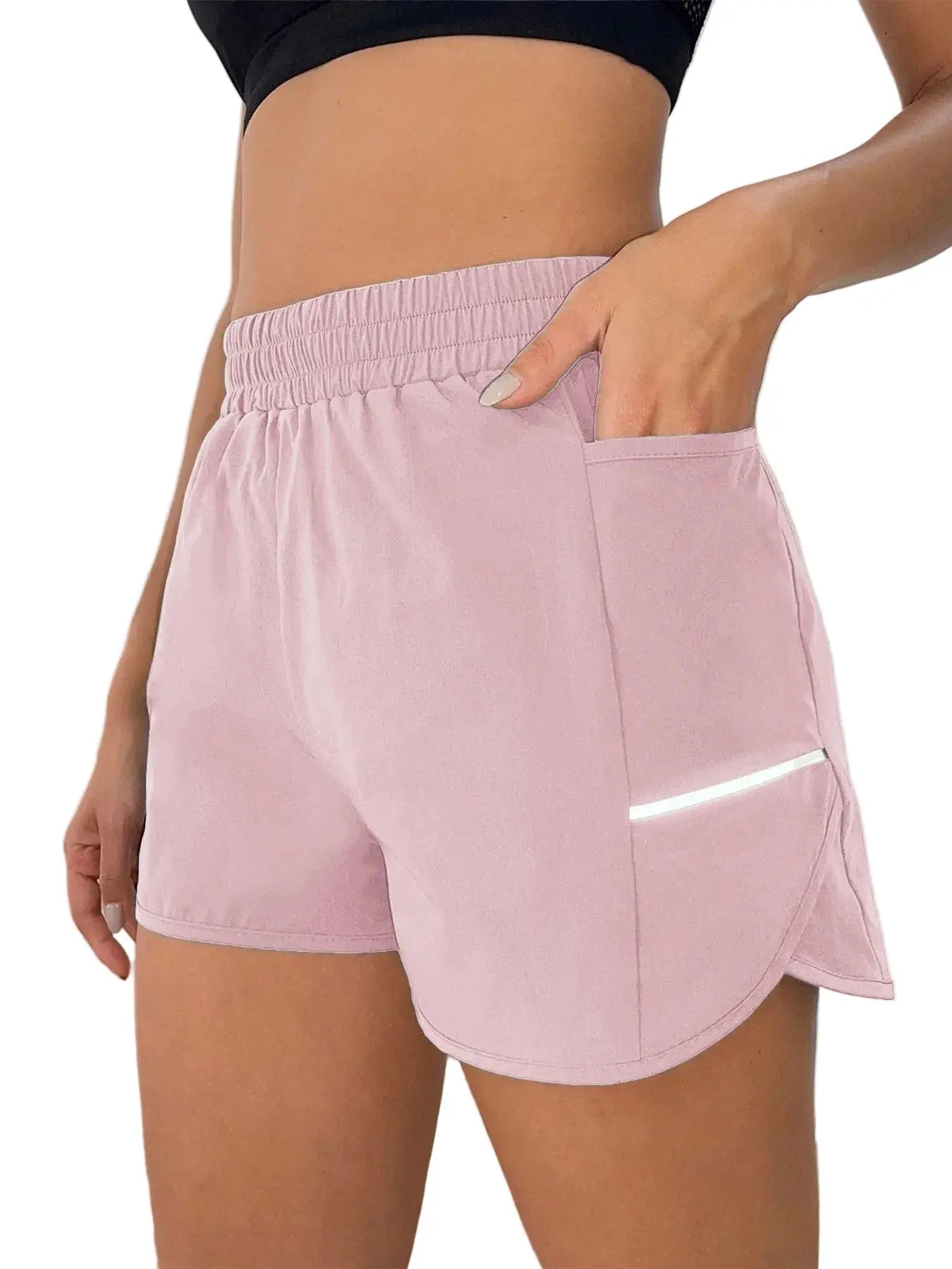Women's new shorts with mobile phone pocket, elastic waist, sports belt, reflective strips, casual fashion sports shorts Tahsi Fashion House